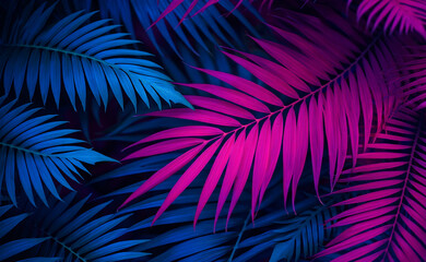 Vibrant neon blue and pink palm fronds in tropical night jungle