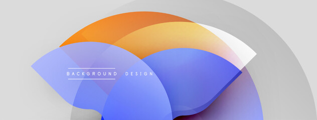 Abstract design features overlapping colorful shapes. Gradient hues blend orange, blue, gray creating modern visual effect. Minimalist style.