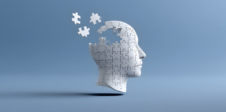 Head made of puzzle pieces with missing parts. Conceptual image representing memory loss, dementia, or psychological complexity.