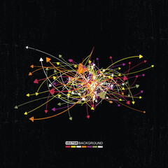 Abstract vector background with dynamic multicolored arrows and chaotic lines on black textured surface. Concept of data flow, technology, movement, or communication.