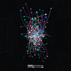 Abstract vector background with dynamic multicolored arrows and chaotic lines on black textured surface. Concept of data flow, technology, movement, or communication.