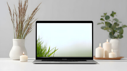 Fototapeta premium Laptop on wooden table with greenery and candles. Cozy setup for mindful work or digital wellness zone.