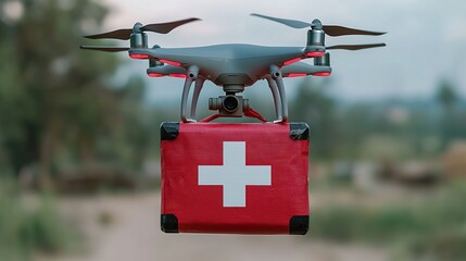 Modular emergency medical drone deploying supplies to remote areas, rapid delivery, humanitarian aid, aerial logistics.