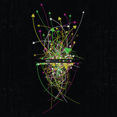 Abstract vector background with dynamic multicolored arrows and chaotic lines on black textured surface. Concept of data flow, technology, movement, or communication.