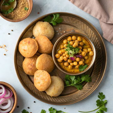 a traditional brass or steel plate filled with crispy gol gappay, with a bowl of tangy imli pani, spicy mashed potatoes, and chickpeas, surrounded by sliced onions and coriander leaves