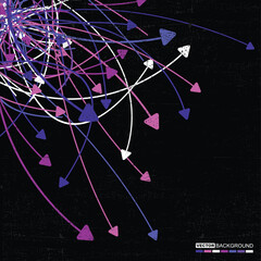 Abstract vector background with dynamic multicolored arrows and chaotic lines on black textured surface. Concept of data flow, technology, movement, or communication.