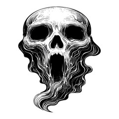 Screaming skull in swirling smoke, ghostly skull in smoky vortex, fark halloween monochrome ghost.