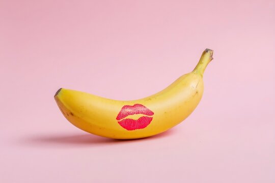 Yellow banana featuring a vibrant red lipstick mark on a pink background - Powered by Adobe