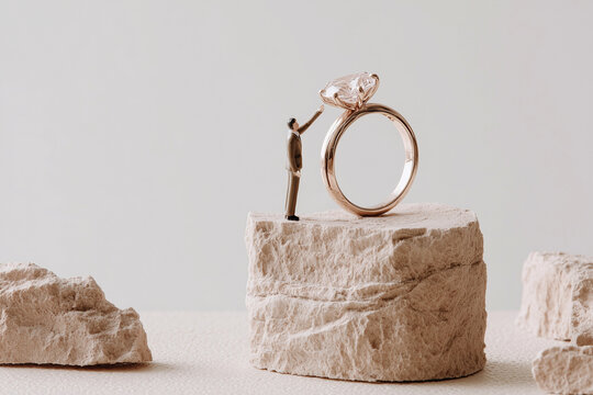 diorama of a man in a suit standing on a rock, reaching up for an oversized diamond ring