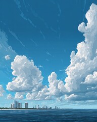 Coastal city skyline, puffy white clouds, vibrant blue sky, calm sea
