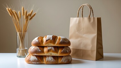Freshly baked bread rolls stacked next to a paper bag with wheat stalks