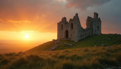Ancient stone castle ruins stand majestically on green hilltop, bathed in warm glow of vibrant sunset. Sunburst streaks across sky, illuminating weathered architecture, surrounding landscape.
