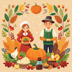 Cartoon Cat Thanksgiving Illustration with Fall Colors and Festive Elements Design