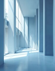 Fototapeta premium Sunlight streams through modern architectural hallway, illuminating geometric patterns, clean lines. Spacious interior features large windows, pillars, creating minimalist, bright ambiance with blue
