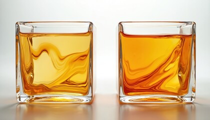 Two square glass blocks showcase abstract amber, golden yellow liquid swirls. Semitransparent containers feature clear, fluid with luminous gradient patterns. Shiny, bright surfaces reflect light,