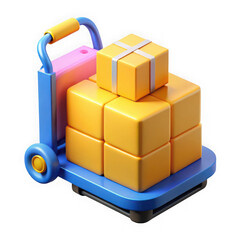 Obraz premium Brightly colored hand truck carrying stack of yellow boxes and pink item isolated on transparent background