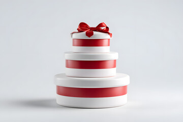 Tiered stack of white gift boxes with red ribbon in tree shape. Christmas present concept isolated on white, perfect for holiday visuals and sales.