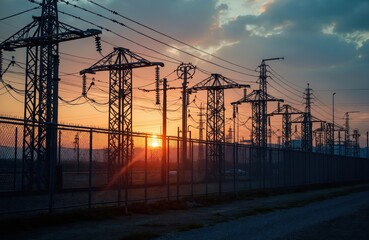 Electric substation silhouetted against vibrant sunset. Towering pylons, intricate power lines stretch across landscape. Security fencing borders industrial energy distribution site, creating
