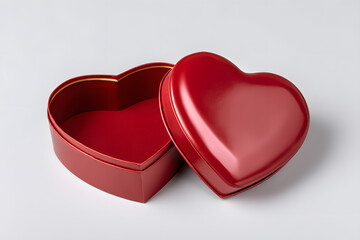 Glossy red heart-shaped gift box isolated on white. Ideal for Valentine's Day, romance themes, or love-centered marketing visuals.