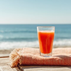 Orange juice glass on beach towel