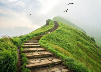 Stone Stairway Ascending Lush Green Hill in Fog