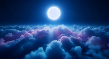 Fototapeta premium Dreamy Celestial Sphere Illuminating a Vibrant Sea of Ethereal Clouds at Night, Creating a Mystical and Cosmic Landscape