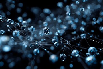 Blue molecules connected by white network lines on a black background, close-up view of blue shimmering 