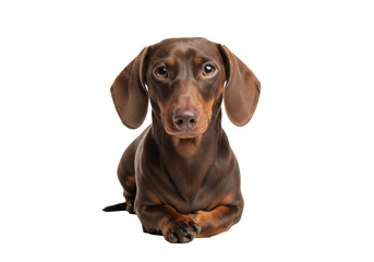 Adult chocolate brown smooth-haired Dachshund dog lying calmly, front paws tucked, expressive dark eyes gazing directly at camera on a perfectly clean seamless transparent studio background with copy