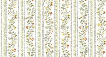 Delicate Floral Vine Pattern with Ornamental Stripes on White Background Seamless Repeating Design for Textile and Wallpaper