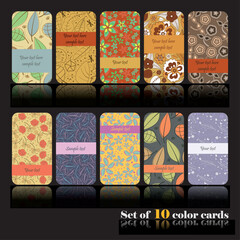 Set of 10 colorful vector cards with floral and abstract patterns. Editable text areas, vibrant decorative backgrounds ideal for invitations, packaging, or branding design.