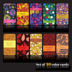 Set of 10 colorful vector cards with floral and abstract patterns. Editable text areas, vibrant decorative backgrounds ideal for invitations, packaging, or branding design.
