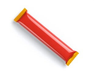 Single sausage stick in colorful snack packaging, crimped edges, glossy plastic wrapper with branding space, isolated on white, commercial product mockup style.