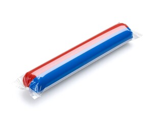 Single sausage stick in colorful snack packaging, crimped edges, glossy plastic wrapper with branding space, isolated on white, commercial product mockup style.
