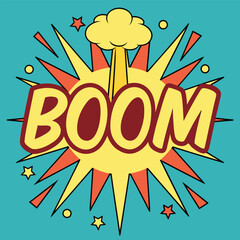 Comic style boom text with bomb icon replacing letter o and red starburst on blue background