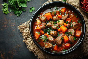 Bowl of beef stew with vegetables and herbs.
