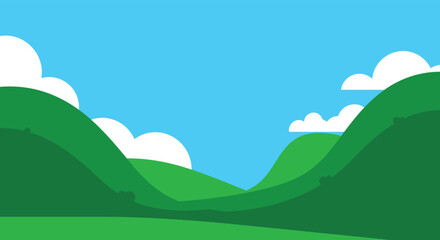 Cartoon Landscape with Rolling Green Hills Blue Sky and White Clouds