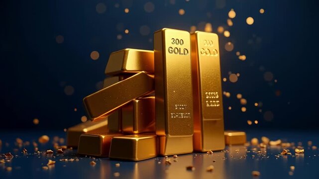 A stack of shiny gold bars with inscriptions on a reflective surface with bokeh background
