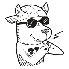 Black and white hand-drawn illustration of a cool cartoon animal wearing sunglasses, hat and flashing peace sign