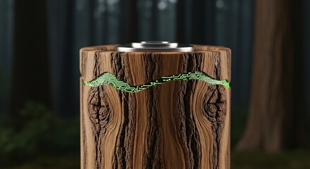 Technological circuit growing on a wooden tree trunk in a forest.