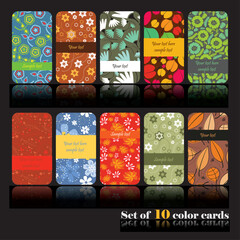 Set of 10 colorful vector cards with floral and abstract patterns. Editable text areas, vibrant decorative backgrounds ideal for invitations, packaging, or branding design.