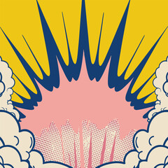 Vibrant comic style radial explosion with colorful burst and halftone cloud pattern in pop art style