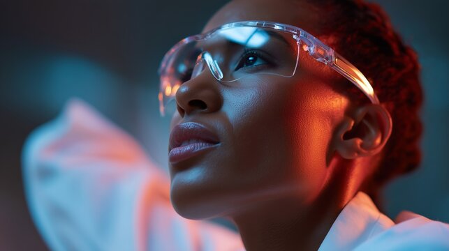 Scientist with protective glasses engaged in focused research in a modern laboratory setting