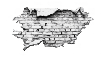Crumbled wall shows exposed bricks, illustrating age and neglect in a building
