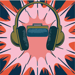 Pop art style illustration of headphones surrounding a speaker on a burst background in bold colors