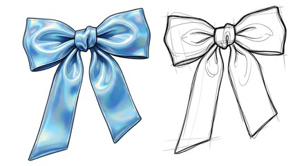 Naklejka premium Elegant Holographic Blue Bow Illustration with Line Art Sketch Style a Festive and Decorative Ribbon Graphic