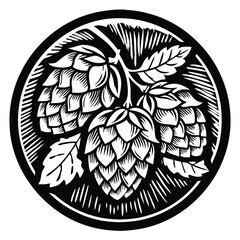 Vintage black and white emblem illustration of hops cone and leaves in a circular composition