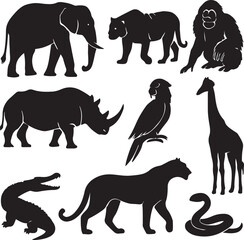 A vector collection of wild animal silhouettes, including deer, wolves, and bears, alongside farm animals like horses and cows, perfect for diverse nature illustrations