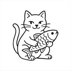 Obraz premium Doodle style cat eating fish illustration