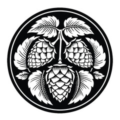 Stylized black and white illustration of three hops cones and leaves arranged in a decorative circle