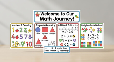 A display of math educational posters covering numbers, shapes, addition, and multiplication back to school ai generated